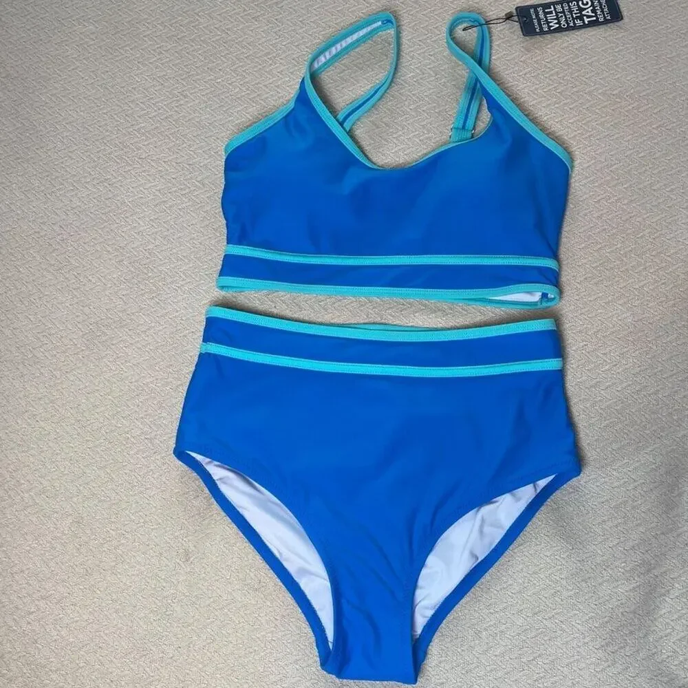 BMJL Women Blue Sport Bikini Set High Waist Colorblock 2 Piece M
